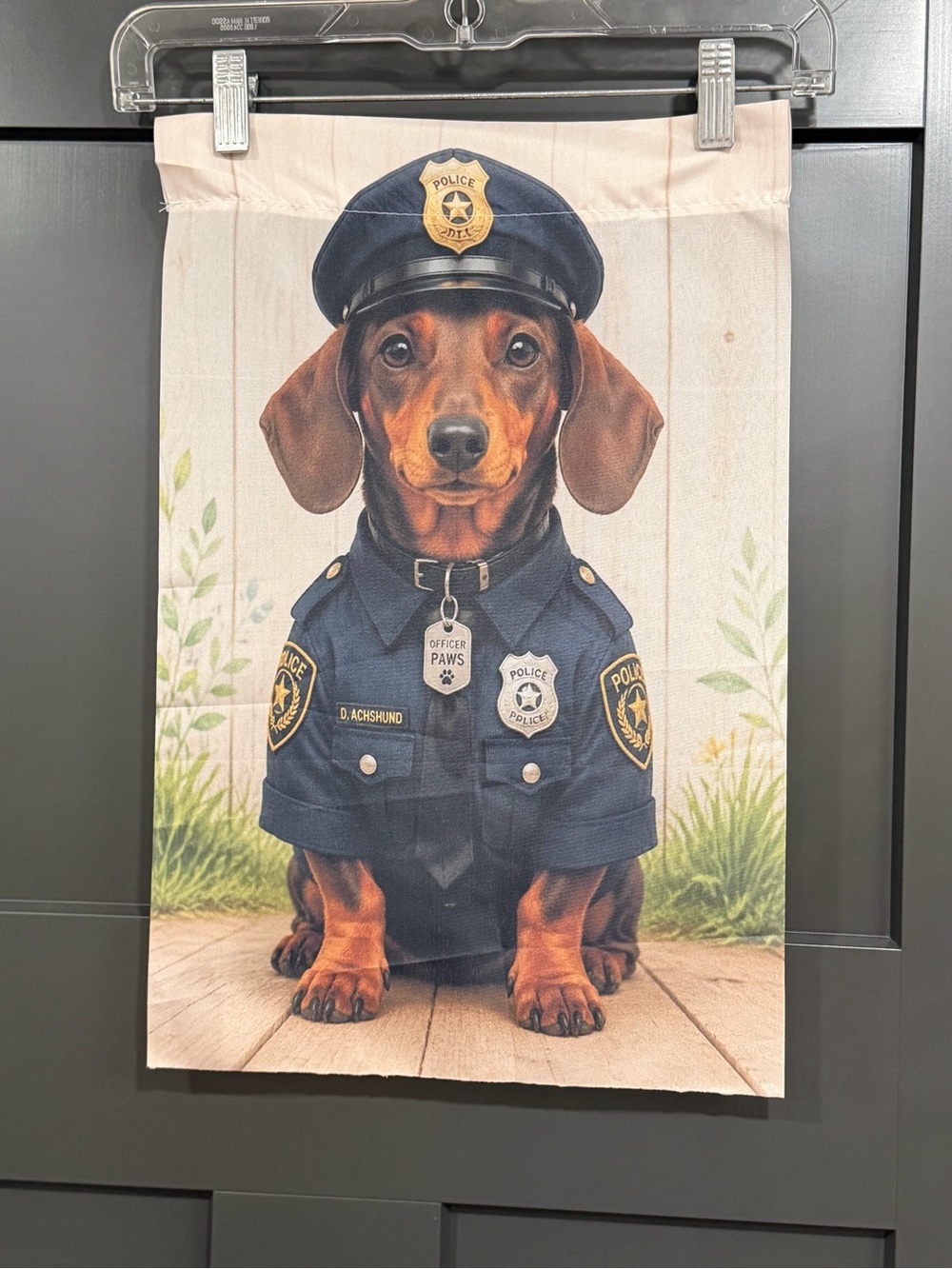 Officer Paws Dachshund Police Dog Decorative garden flag- Navy and Brown- NWOT